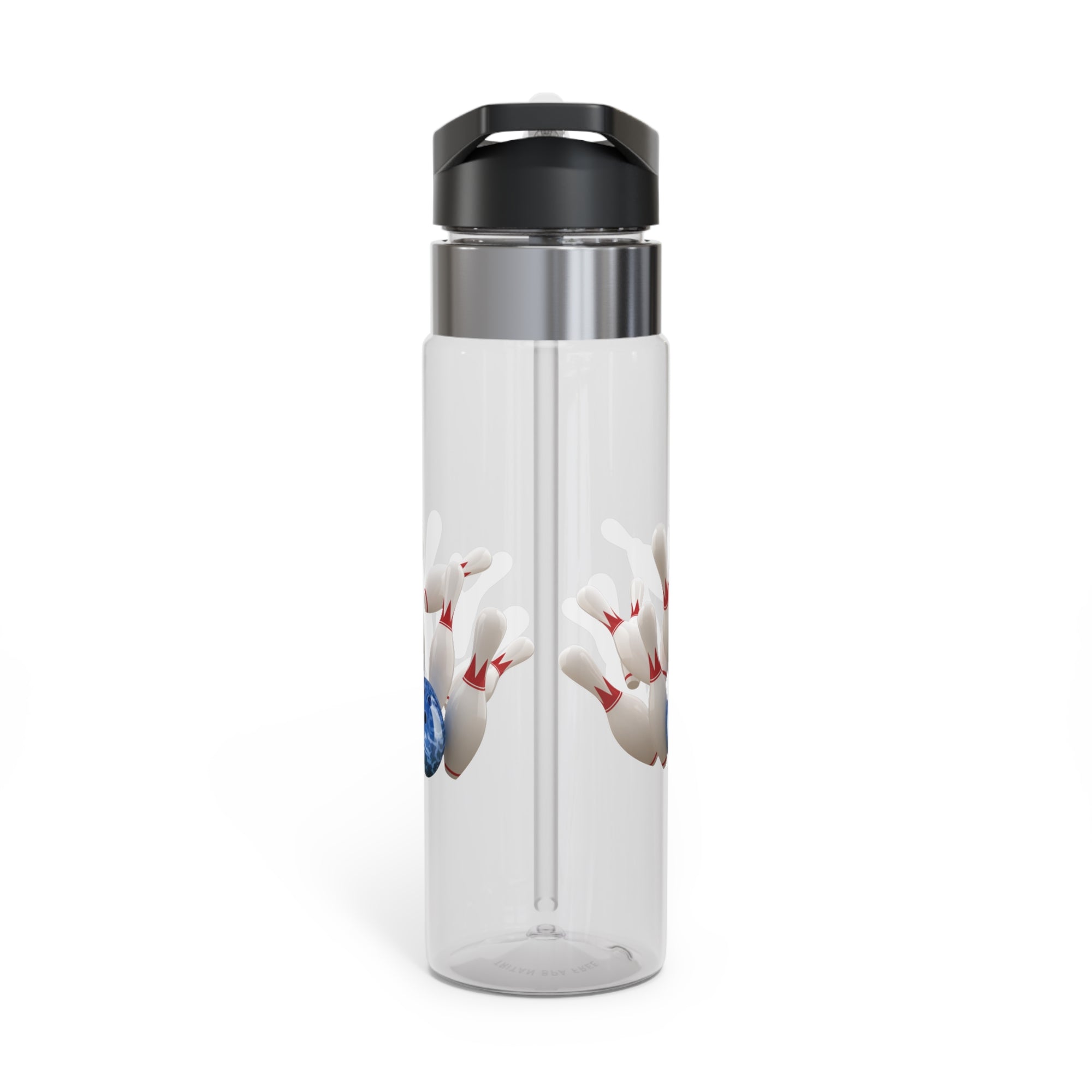 A clear water bottle with black lid, with a graphic of a blue bowling ball knocking over bowling pins, on a white background