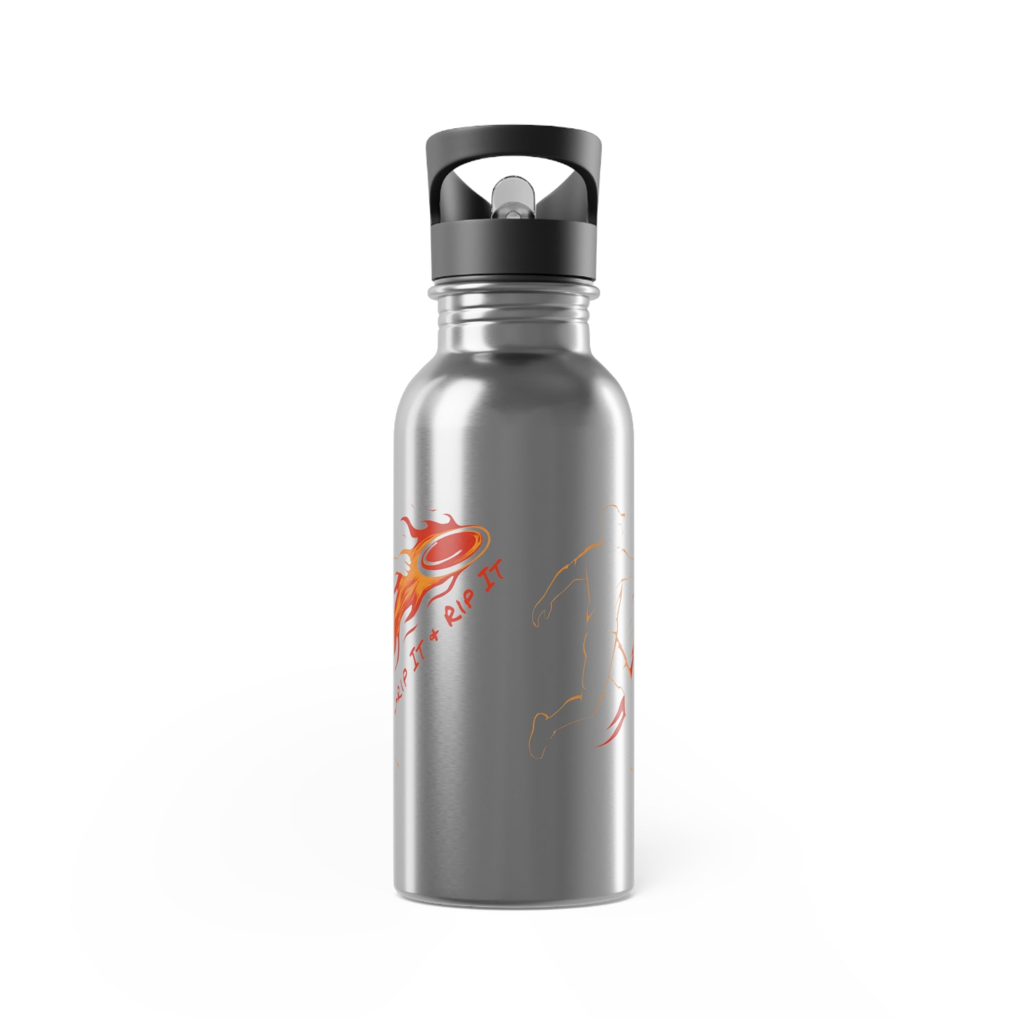A stainless steel water bottle with lid featuring a graphic design of a person throwing a disc golf disc with flames coming off the disc and text 'Grip It or Rip It' against a white background.