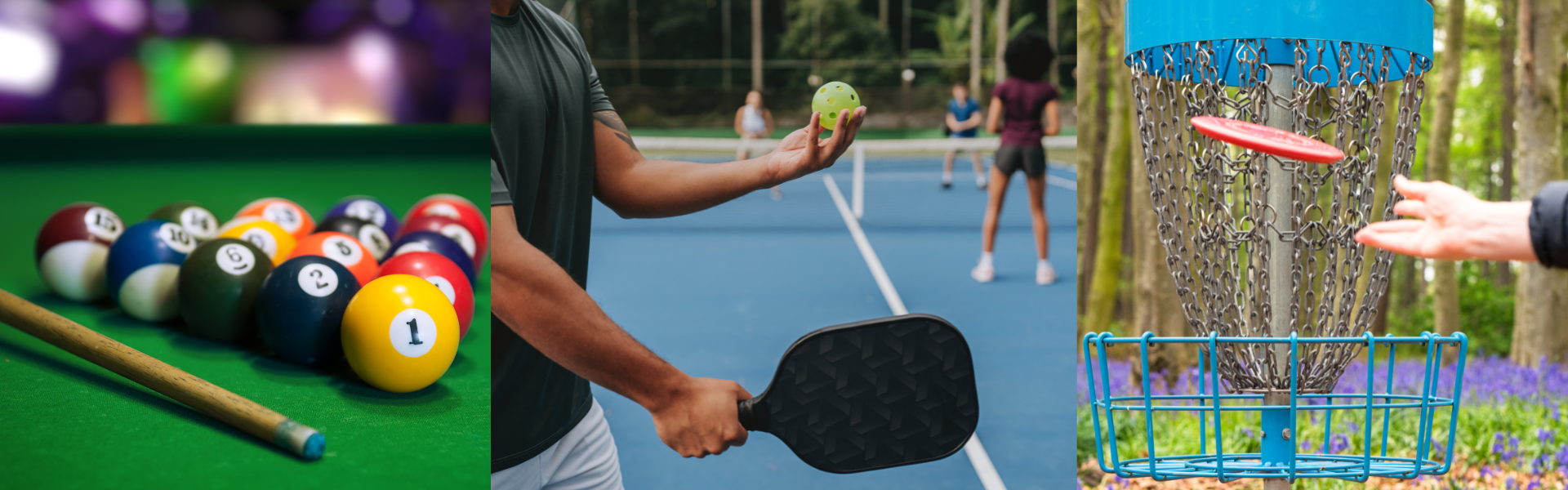 People enjoying recreational activities including pickleball, billiards, and disc golf, representing passionate hobby enthusiasts.